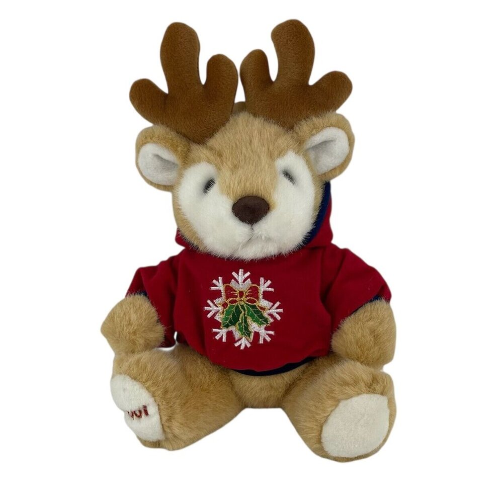 TB Toy Trading Co Tan Reindeer 13” Christmas Plush Red Snowflake Hoodie VTG 2001